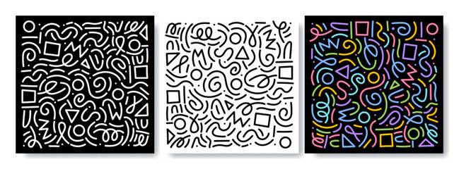 Colorful line doodle pattern set. Creative minimalist style art background collection, trendy design with basic shapes. Modern abstract color backdrop. Black, white and color composition - obrazy, fototapety, plakaty