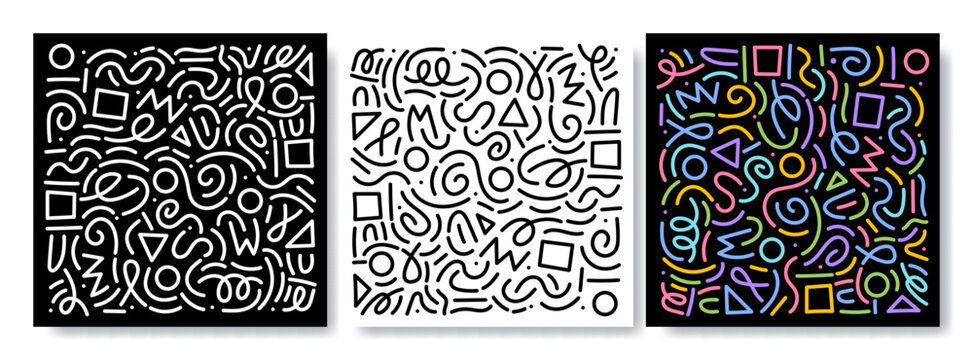 Colorful line doodle pattern set. Creative minimalist style art background collection, trendy design with basic shapes. Modern abstract color backdrop. Black, white and color composition