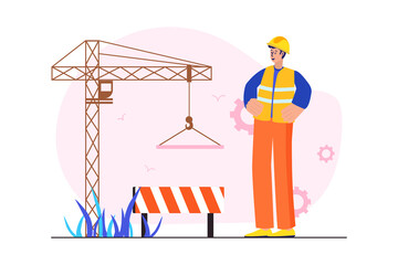 Orange concept Construction engineer with people scene in the flat cartoon style. Engineer monitors the operation of a construction crane.