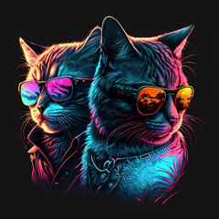 Synthwave cats with sunglasses, black background, animal background