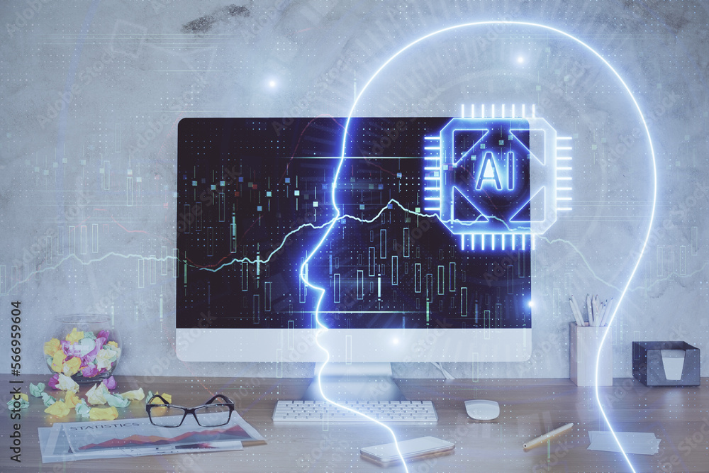 Aufkleber Double exposure of desktop with computer and brain drawing hologram. Artificial intelligence concept.