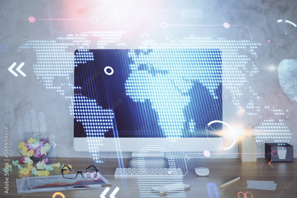 Poster Double exposure of desktop with computer and world map hologram. International data network concept.