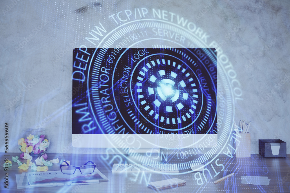 Aufkleber Double exposure of table with computer on background and data theme hologram. Data technology concept.