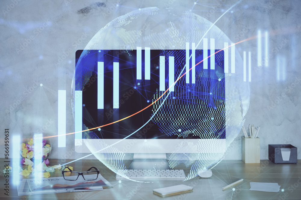 Aufkleber forex graph hologram on table with computer background. double exposure. concept of financial market