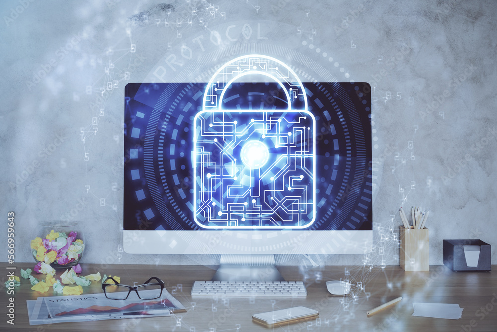 Poster Double exposure of desktop with computer and lock icon hologram. Concept of data safety.