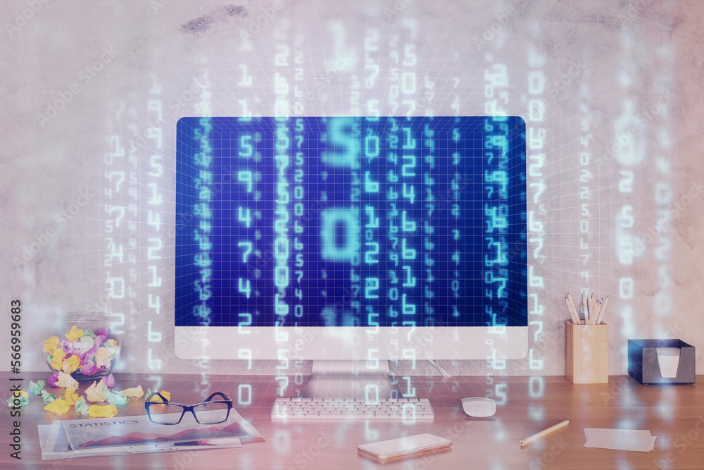 Aufkleber Double exposure of table with computer on background and data theme hologram. Data technology concept.
