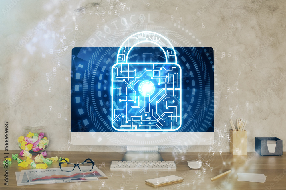 Leinwandbilder double exposure of desktop with computer and lock icon hologram. concept of data safety.