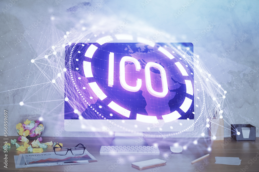 Poster Double exposure of blockchain and crypto economy theme hologram and table with computer background. Concept of bitcoin cryptocurrency.