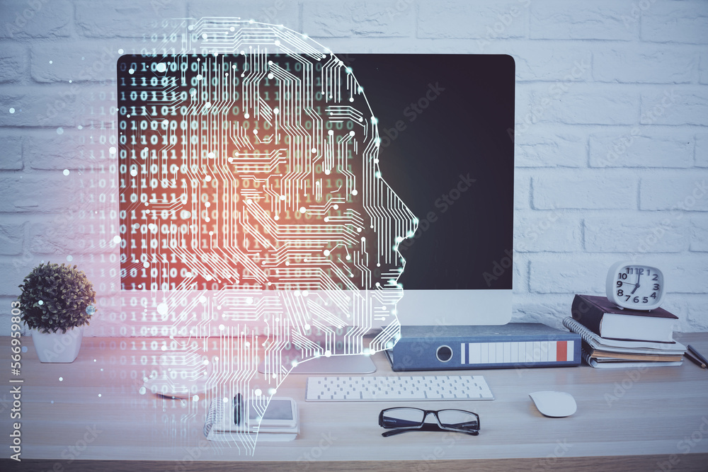 Aufkleber Double exposure of desktop with computer and brain drawing hologram. Artificial intelligence concept.