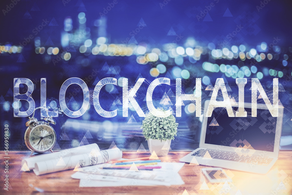 Poster Double exposure of blockchain and crypto economy theme hologram and table with computer background. Concept of bitcoin cryptocurrency.