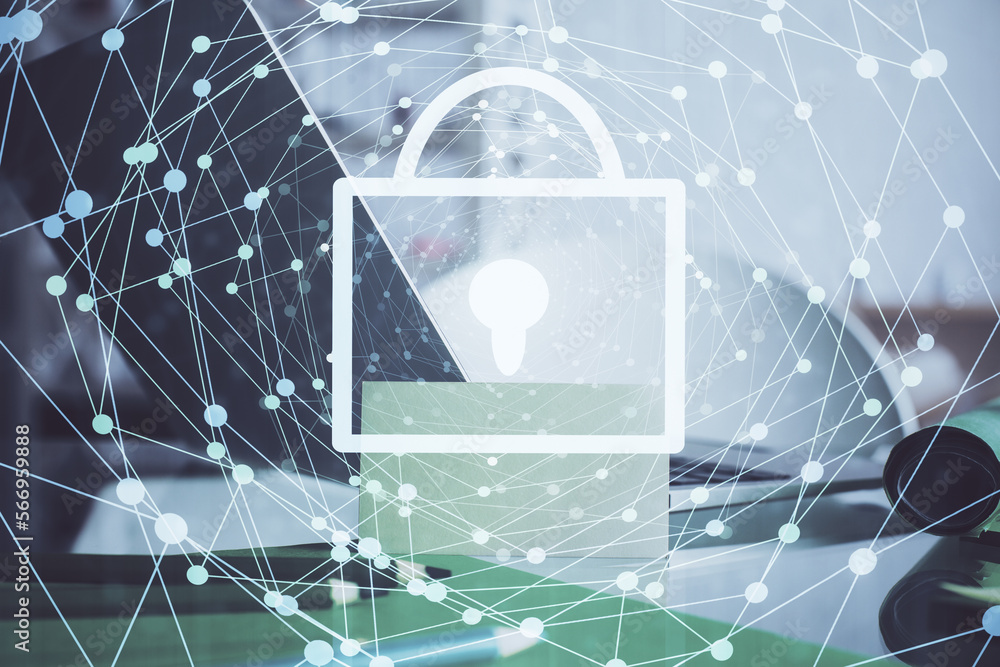 Poster double exposure of desktop with computer and lock icon hologram. concept of data safety.