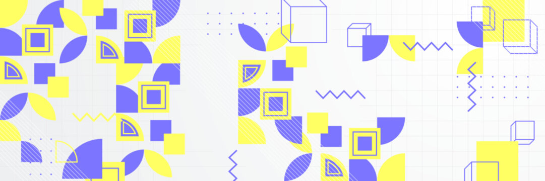 Abstract memphis banner background with yellow and purple element basic shapes