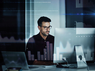 Information technology, computer hologram and man at night for stock market research, graph and chart analysis. Trading, digital overlay or software accounting of business person data analytics focus