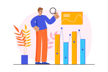 Concept Searching opportunities with people scene in the flat cartoon style. Man analyzes the opportunities that can be used to develop.