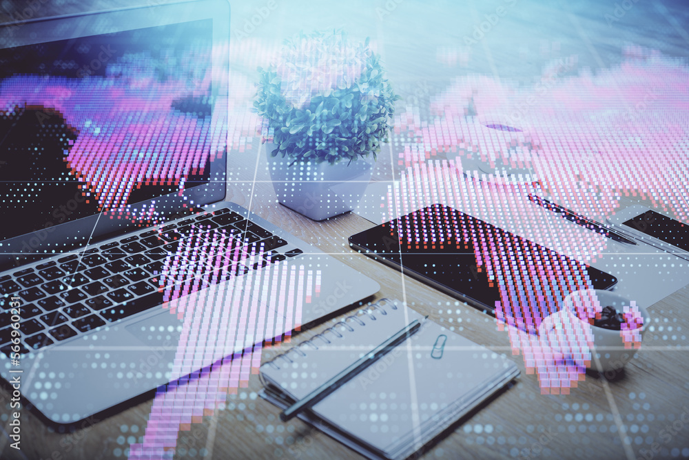 Aufkleber Double exposure of business theme icons and work space with computer background. Concept of success.