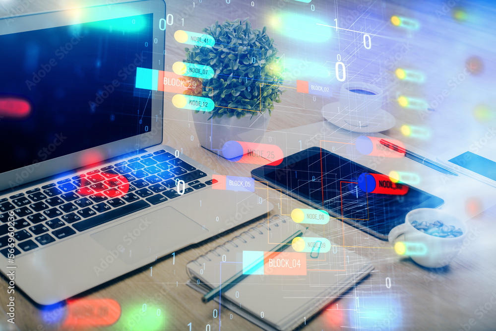 Poster Double exposure of table with computer on background and data theme drawing. Concept of innovation.