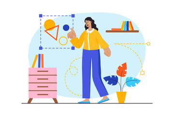 Obraz premium Design studio blue concept with people scene in the flat cartoon design. Designer develops a creative concept for a new project.