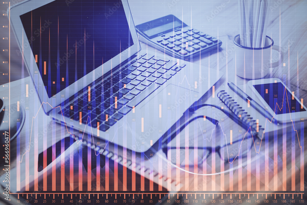 Poster financial market graph hologram and personal computer on background. multi exposure. concept of fore