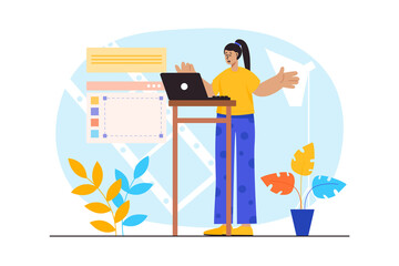 Photo studio blue concept with people scene in the flat cartoon design. Girl edits photos after a photo shoot in her studio.