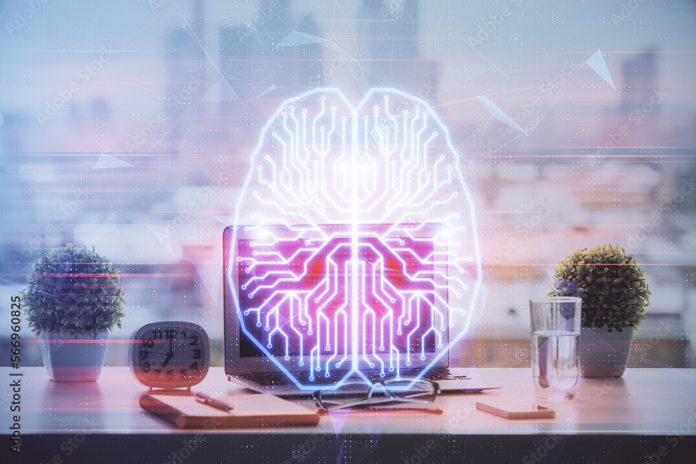 Poster Double exposure of desktop with computer and brain drawing hologram. Artificial intelligence concept.