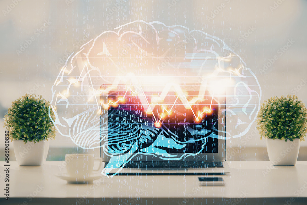 Poster Double exposure of desktop with computer and brain drawing hologram. Artificial intelligence concept.