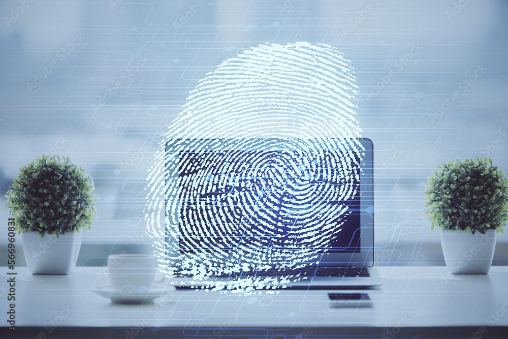 Poster Computer on desktop in office with finger print drawing. Double exposure. Concept of business data security.