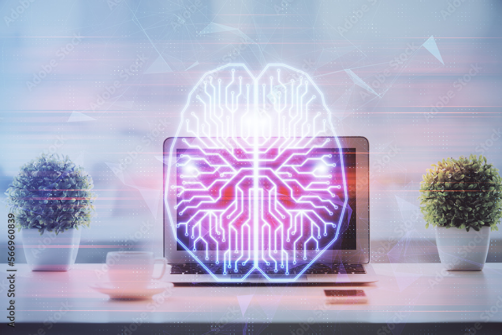 Poster double exposure of desktop with computer and brain drawing hologram. artificial intelligence concept