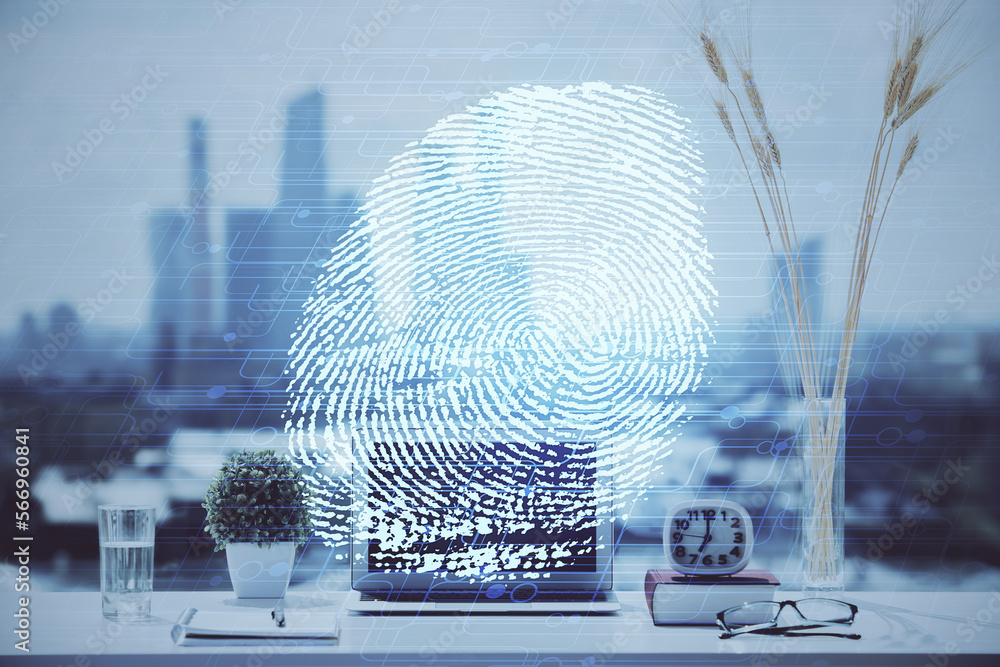 Poster Computer on desktop in office with finger print drawing. Double exposure. Concept of business data security.