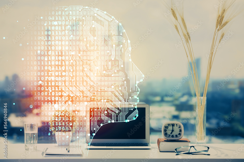 Poster double exposure of desktop with computer and brain drawing hologram. artificial intelligence concept