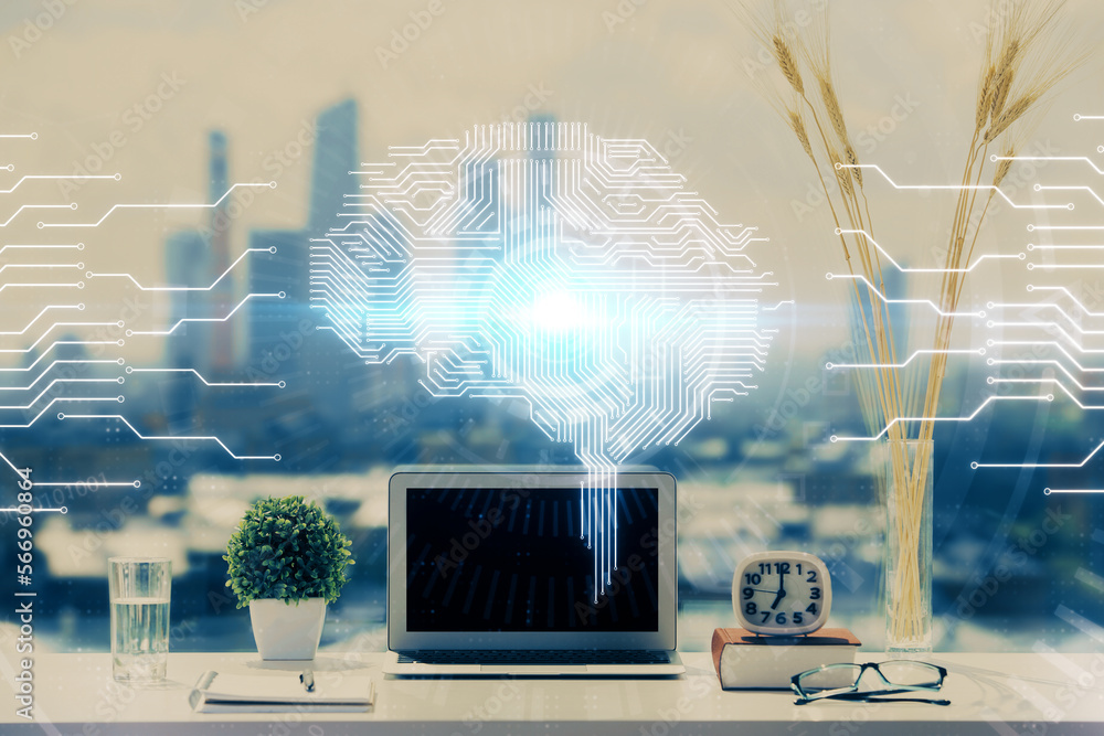 Poster double exposure of desktop with computer and brain drawing hologram. artificial intelligence concept