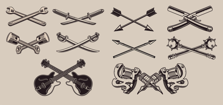 Set of vector illustrations of crossed elements on a light background