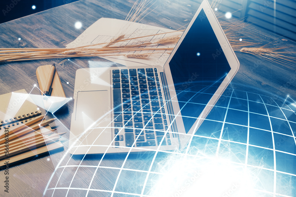 Fototapete Double exposure of desktop with computer and world map hologram. International data network concept.