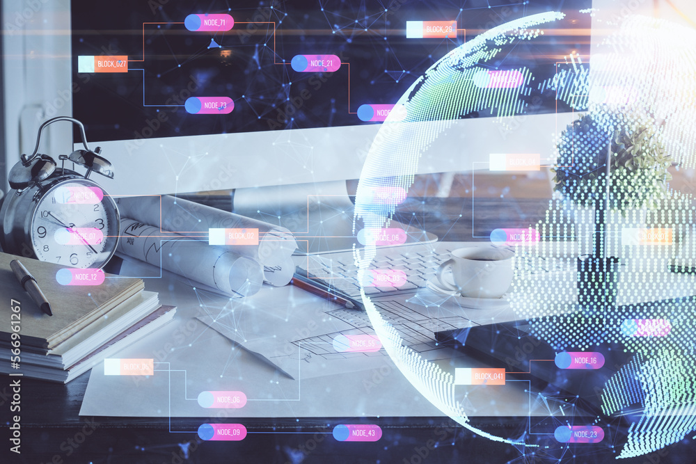 Poster Double exposure of desktop with computer and world map hologram. International data network concept.