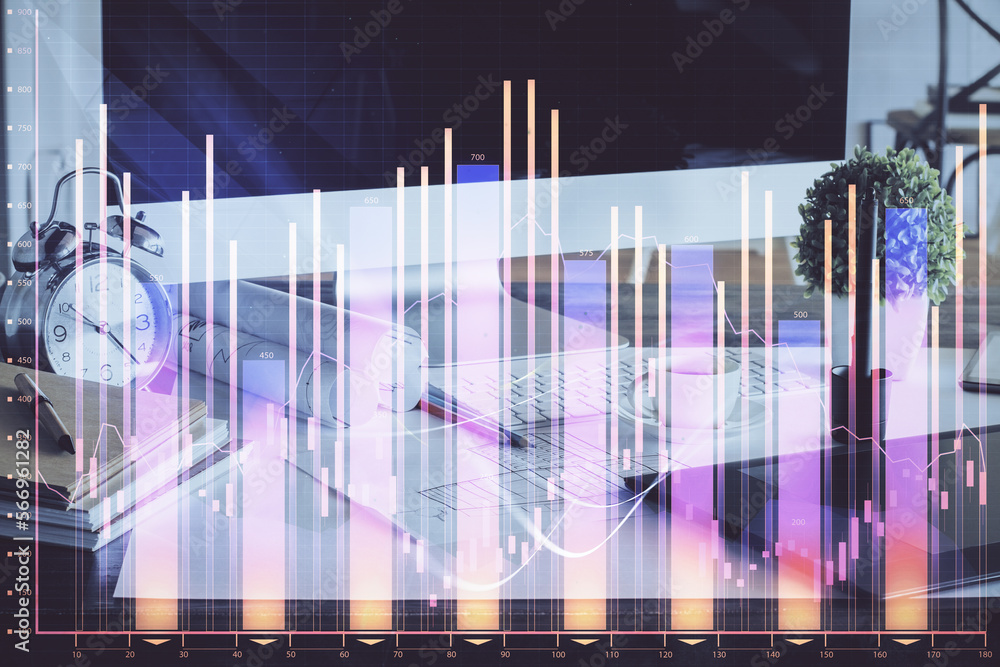 Poster financial market graph hologram and personal computer on background. multi exposure. concept of fore