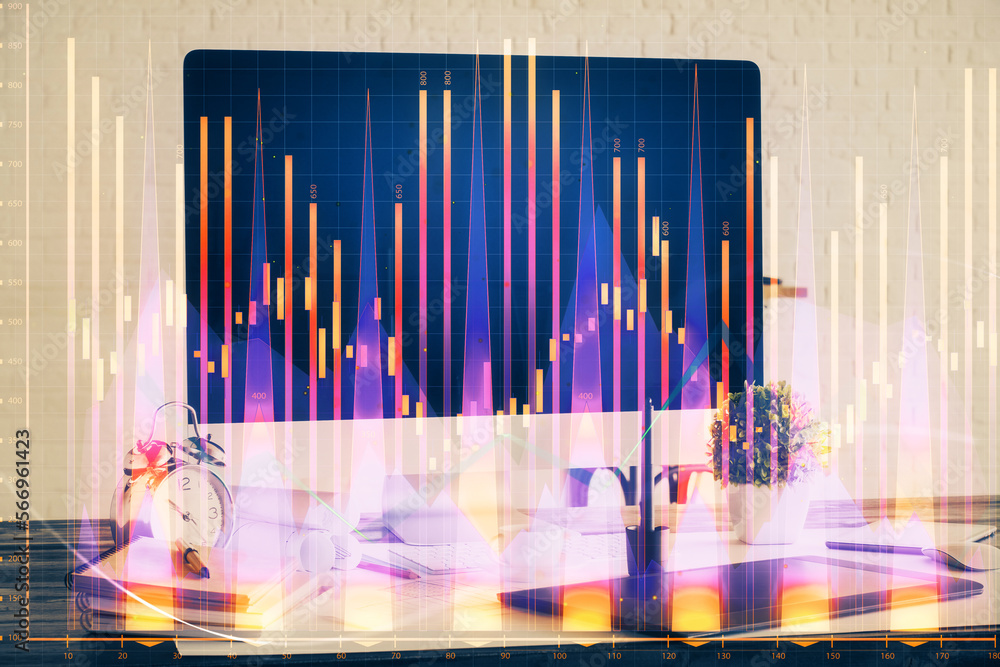Poster financial market graph hologram and personal computer on background. multi exposure. concept of fore