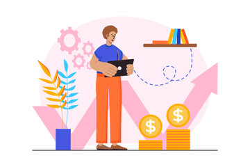 Pink concept Sales performance with people scene in the flat cartoon style. Employee analyzes sales performance and increased profit.