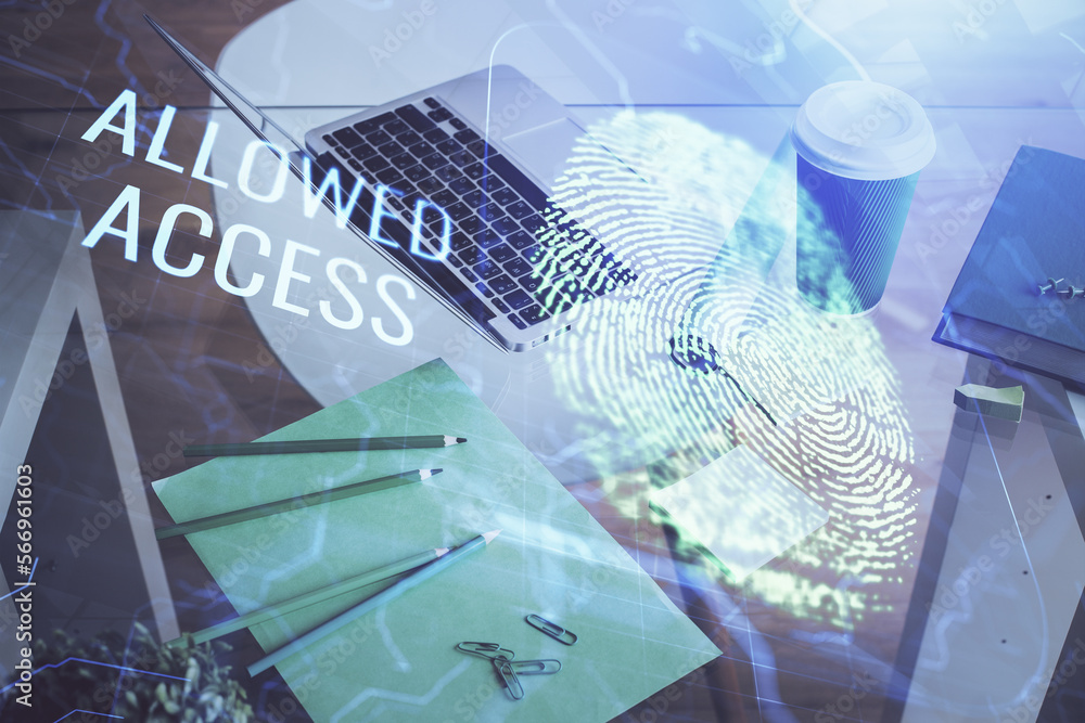 Aufkleber Computer on desktop in office with finger print drawing. Double exposure. Concept of business data security.