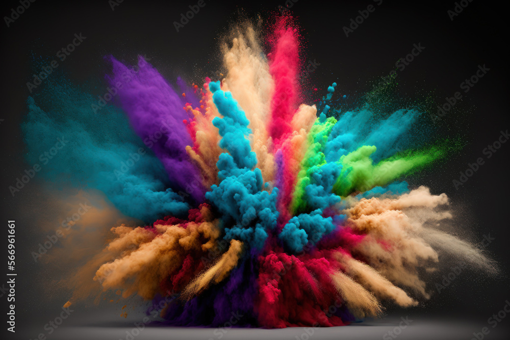 Poster powder explosion with color. abstract close up of background with dust. vibrant explodes holi paints