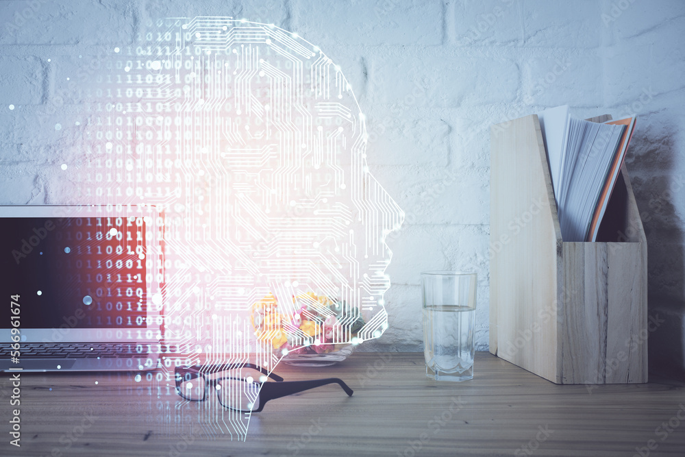 Aufkleber double exposure of desktop computer and human brain drawing hologram. ai concept.
