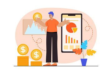 Orange concept Sales performance with people scene in the flat cartoon style. Employee calculates the profit from sales.