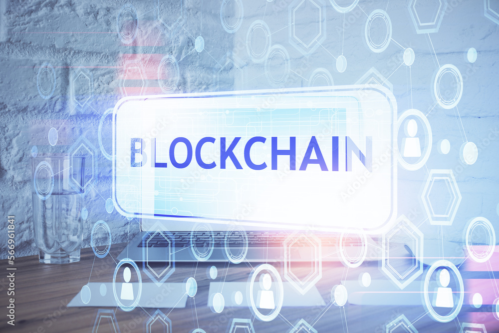 Poster Multi exposure of blockchain and crypto economy theme hologram and table with computer background. Concept of bitcoin cryptocurrency.