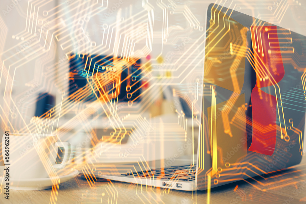 Poster computer on desktop in office with technology theme hologram. double exposure. tech concept.