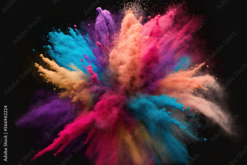 Poster powder explosion with color. abstract close up of background with dust. vibrant explodes holi paints