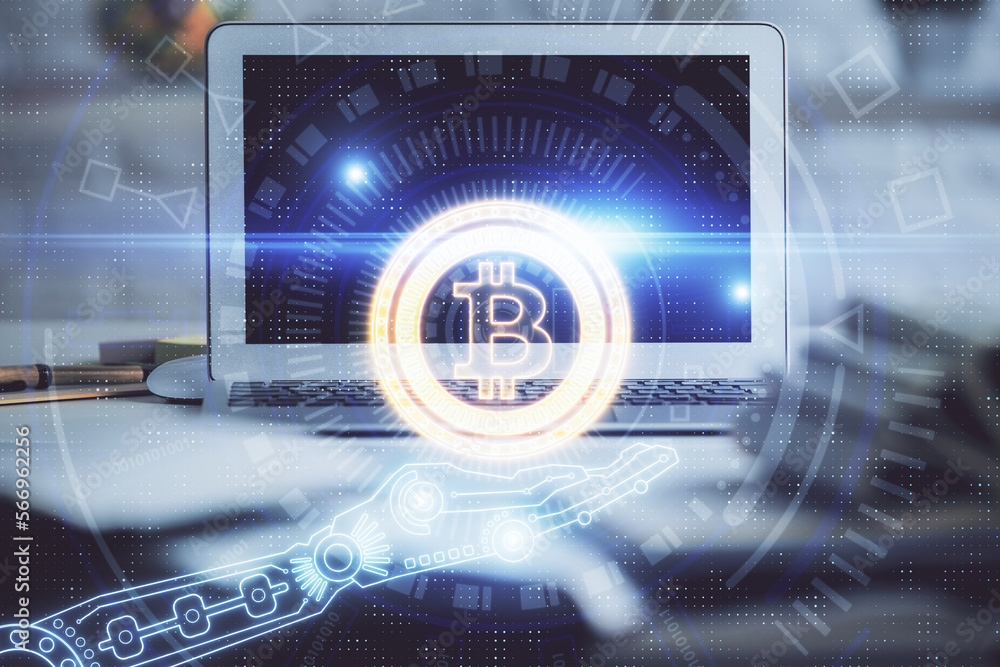Aufkleber Multi exposure of blockchain and crypto economy theme hologram and table with computer background. Concept of bitcoin cryptocurrency.