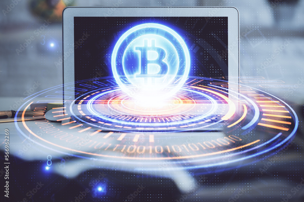 Poster Multi exposure of blockchain and crypto economy theme hologram and table with computer background. Concept of bitcoin cryptocurrency.