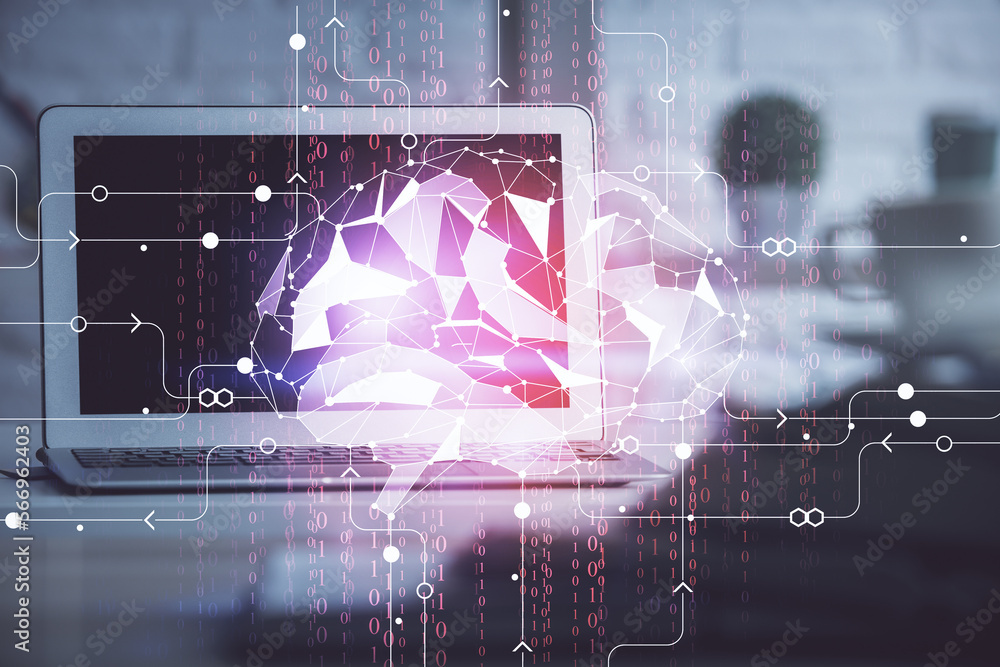 Poster Double exposure of work space with computer and human brain drawing hologram. Brainstorm concept.