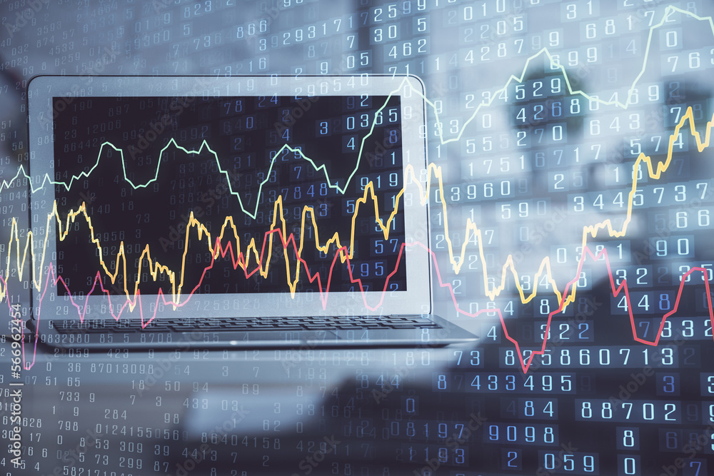 Poster financial market graph hologram and personal computer on background. multi exposure. concept of fore