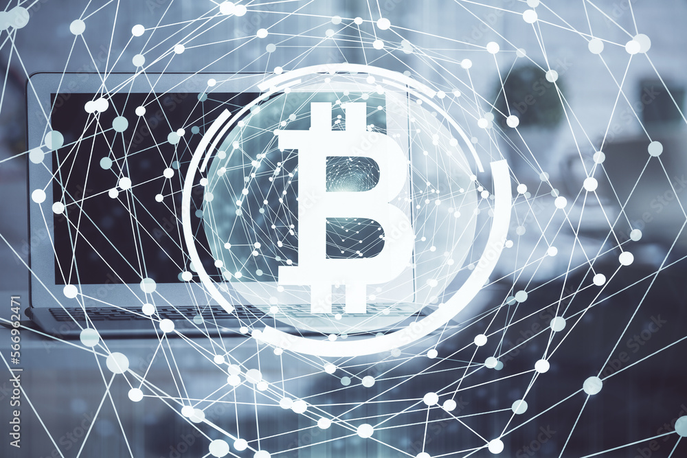 Aufkleber Multi exposure of blockchain and crypto economy theme hologram and table with computer background. Concept of bitcoin cryptocurrency.