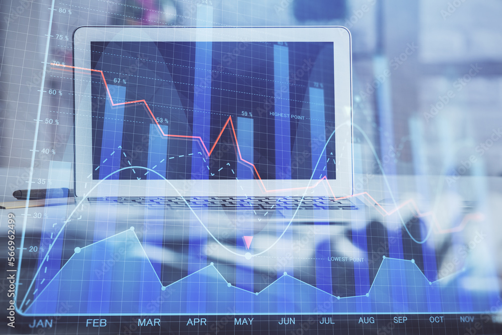 Poster financial market graph hologram and personal computer on background. multi exposure. concept of fore