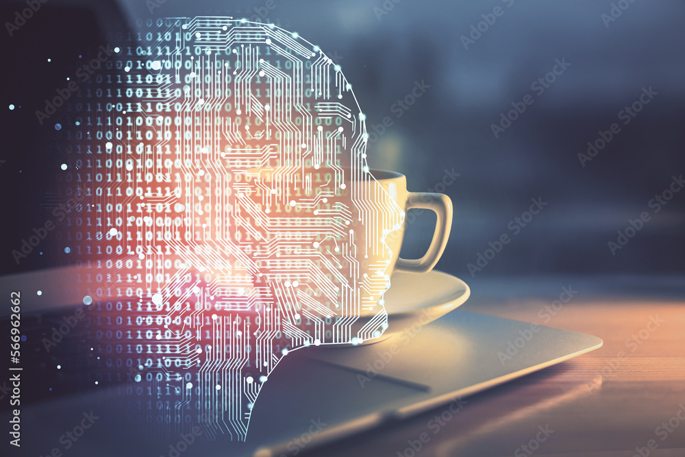Poster Double exposure of work space with computer and human brain drawing hologram. Brainstorm concept.